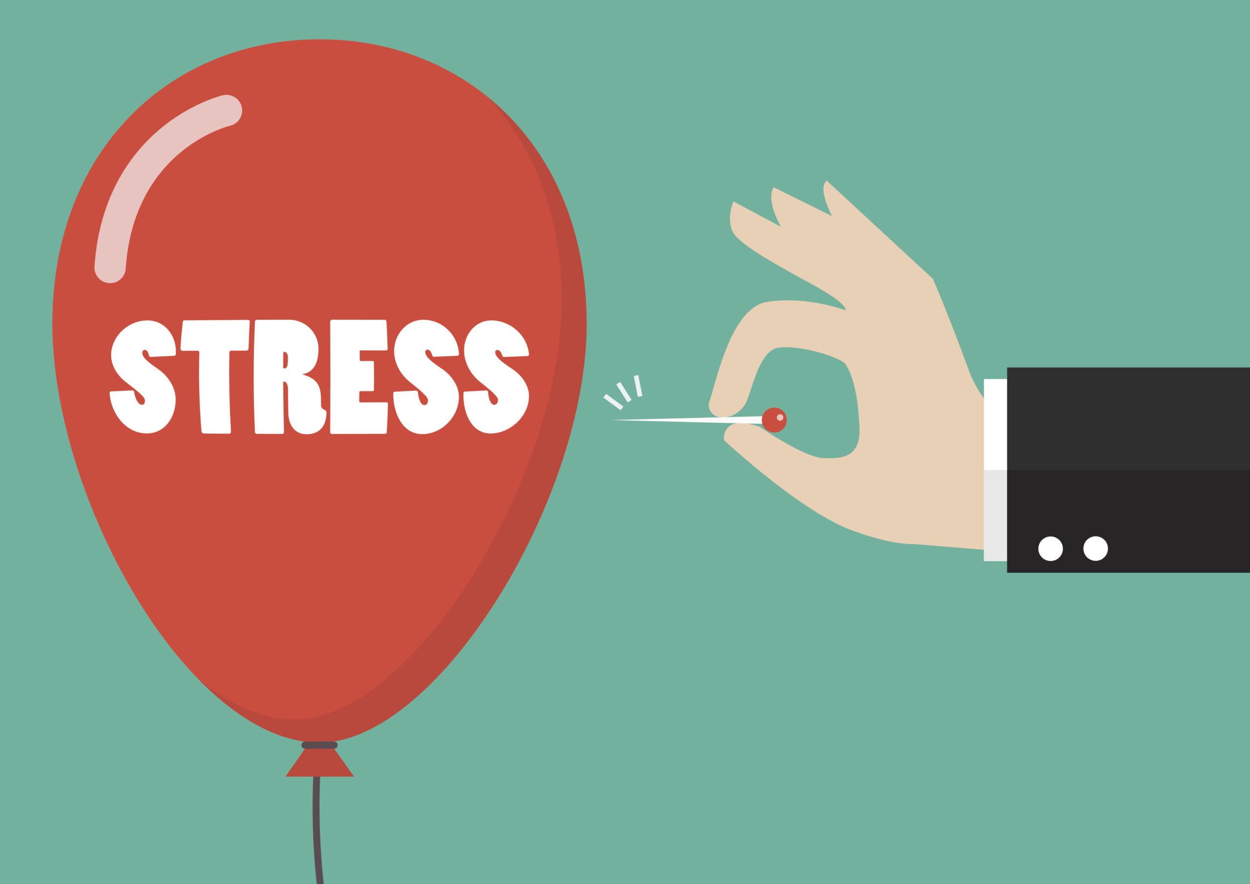 Un palloncino rosso rappresenta lo stress, che il bravo psicologo dissipa (forando metaforicamente il palloncino con un ago).